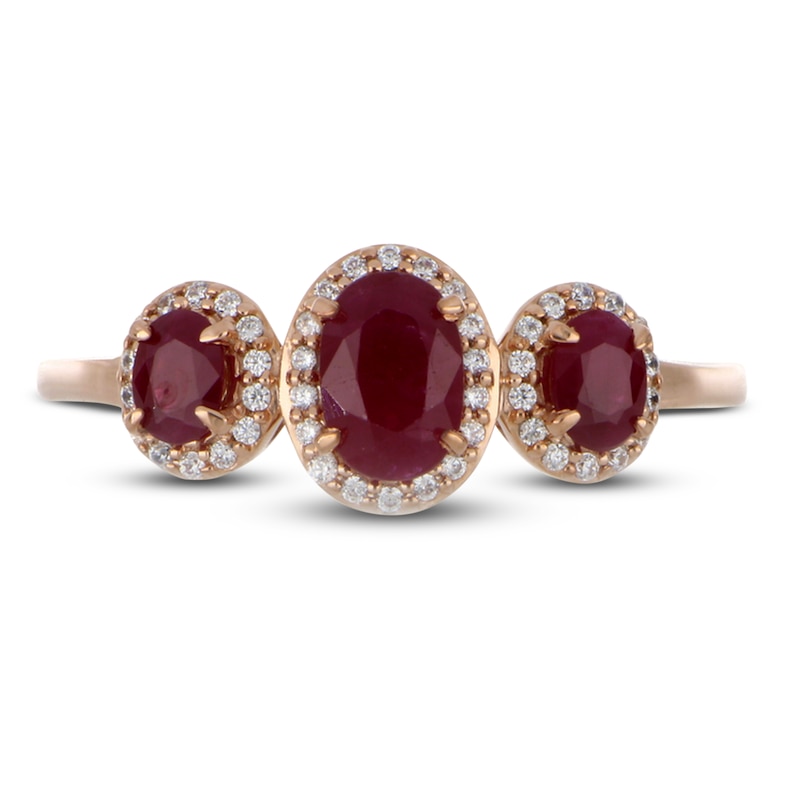 Main Image 3 of Previously Owned Three-Stone Ruby & Diamond Ring 1/8 ct tw Oval, Round-Cut 10K Rose Gold