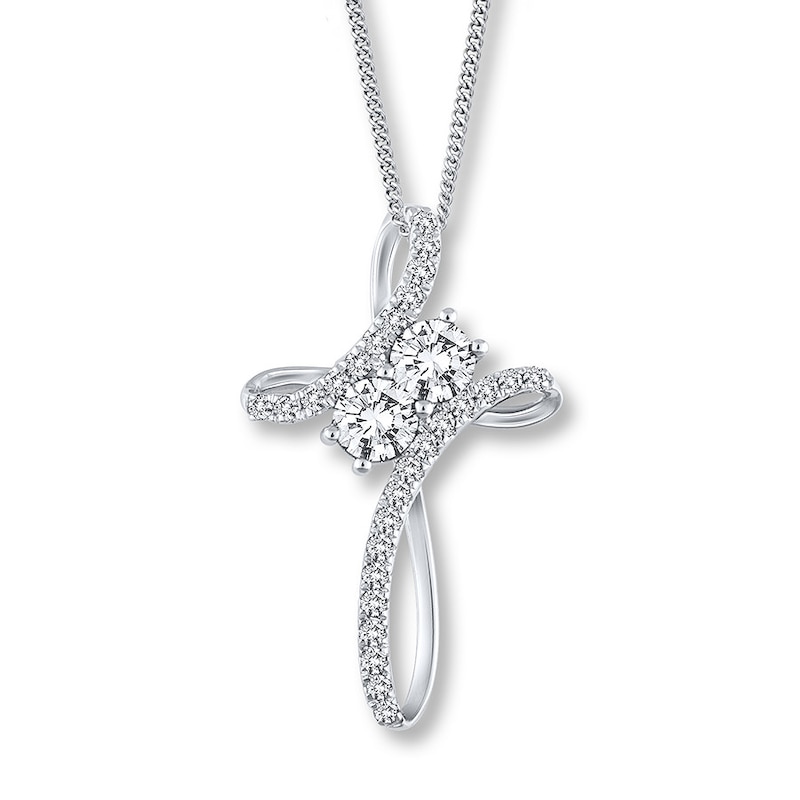 Main Image 1 of Previously Owned Ever Us Two-Stone Cross Necklace 1/2 ct tw Diamonds 14K White Gold 19"