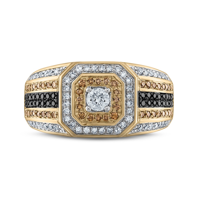 Main Image 3 of Previously Owned Men's Black, Brown & White Diamond Octagon Ring 7/8 ct tw Round-cut 10K Yellow Gold