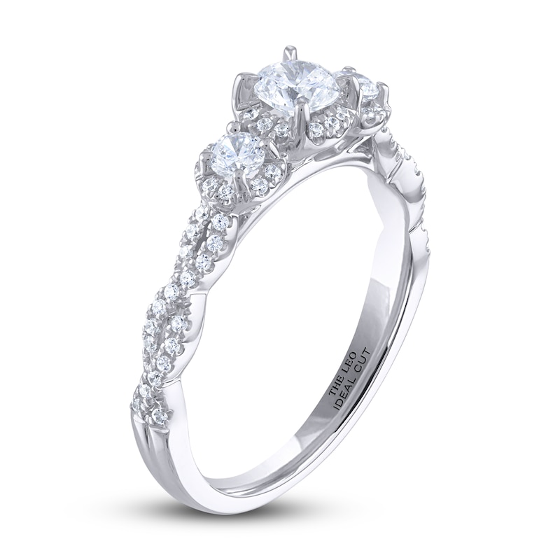 Main Image 2 of Previously Owned THE LEO Ideal Cut Diamond Three-Stone Engagement Ring 5/8 ct tw 14K White Gold