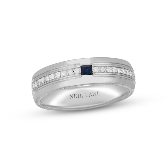 Previously Owned Neil Lane Men's Blue Sapphire & White Diamond Wedding Band 1/5 ct tw 14K White Gold