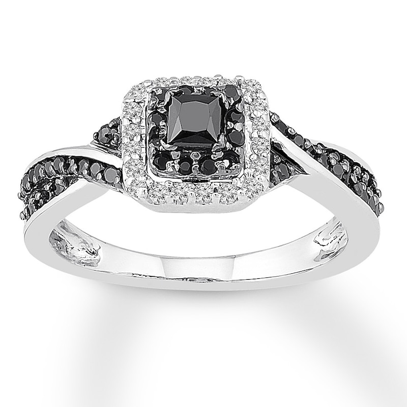 Main Image 1 of Previously Owned Black Diamond Ring 3/8 ct tw Princess & Round Sterling Silver