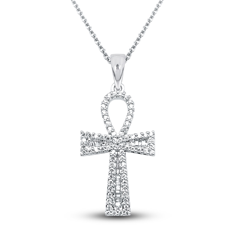 Main Image 1 of Previously Owned Diamond Ankh Necklace 1/4 ct tw Round & Baguette 10K White Gold 18"