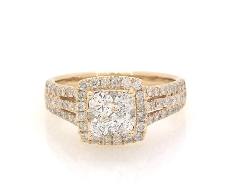 Main Image 1 of Previously Owned Round-Cut Diamond Cushion Halo Engagement Ring 1-1/3 ct tw 14K Yellow Gold