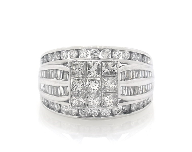 Main Image 1 of Previously Owned Diamond Engagement Ring 2 ct tw Princess, Baguette & Round-cut 14K White Gold