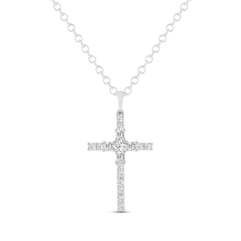 Main Image 1 of Previously Owned THE LEO Diamond Cross Necklace 1 ct tw Round-cut 14K White Gold 19"