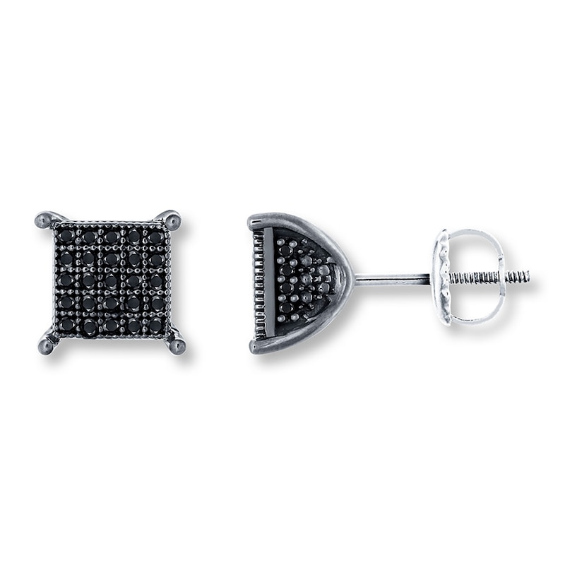 Main Image 1 of Previously Owned Men's Black Diamond Earrings 1/4 ct tw Round-cut 10K White Gold