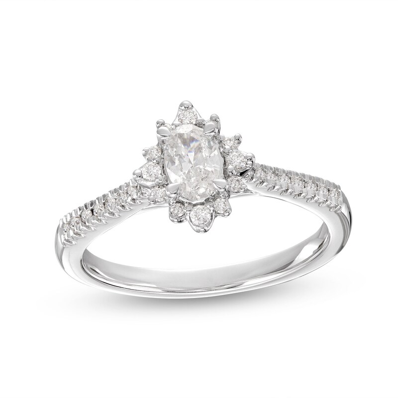 Main Image 1 of Previously Owned Diamond Halo Engagement Ring 1/2 ct tw Oval & Round-cut 14K White Gold