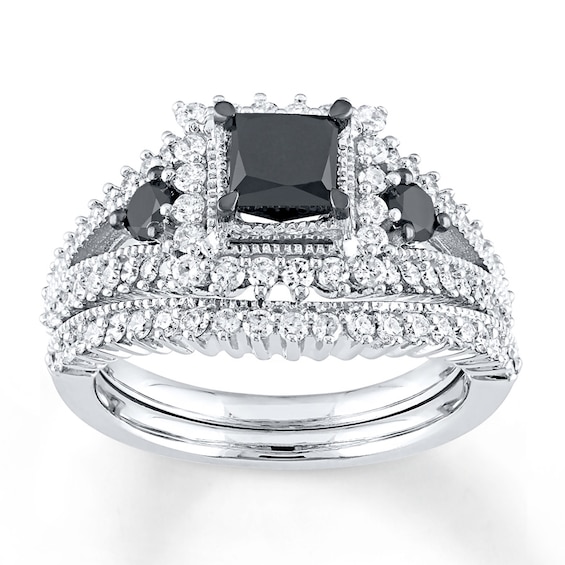 Previously Owned Princess-Cut Black & White Diamond Bridal Set 1-7/8 ct tw 10K White Gold Size 8