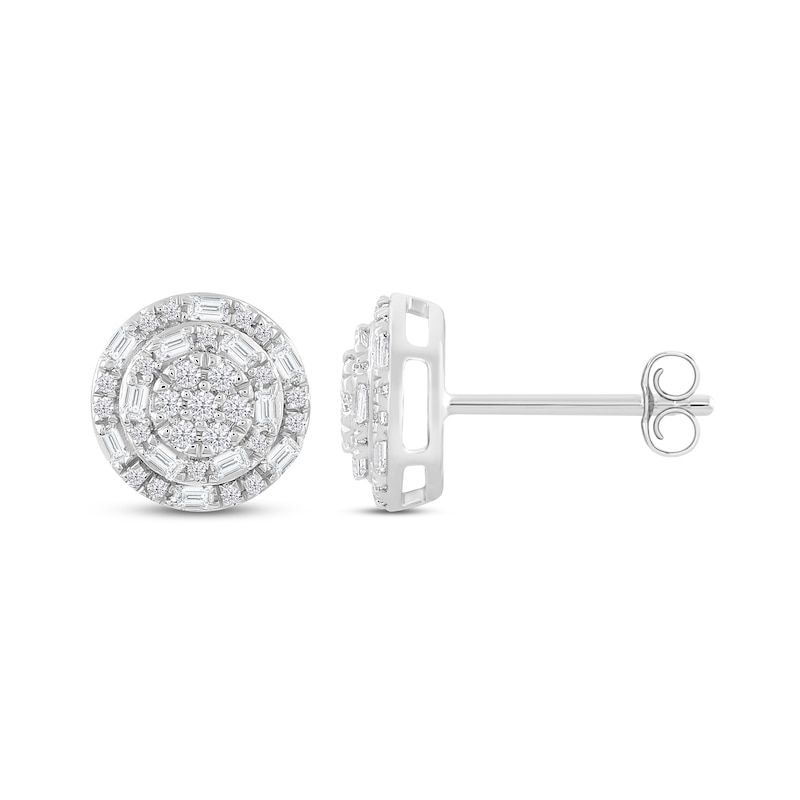 Main Image 1 of Previously Owned Diamond Halo Stud Earrings 1/2 ct tw Baguette & Round-Cut 10K White Gold