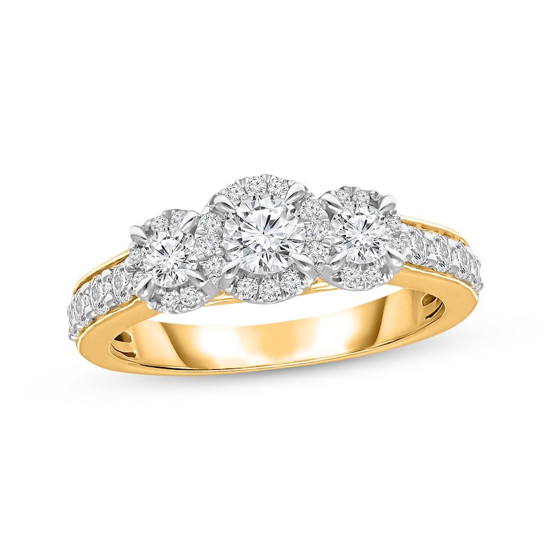 Main Image 1 of Previously Owned Memories Moments Magic Three-Stone Diamond Engagement Ring 1 ct tw Round-cut 18K Yellow Gold