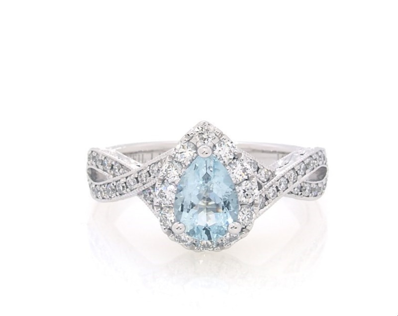 Main Image 1 of Previously Owned Neil Lane Pear-Shaped Aquamarine & Diamond Engagement Ring 1/2 ct tw 14K White Gold Size 5.5