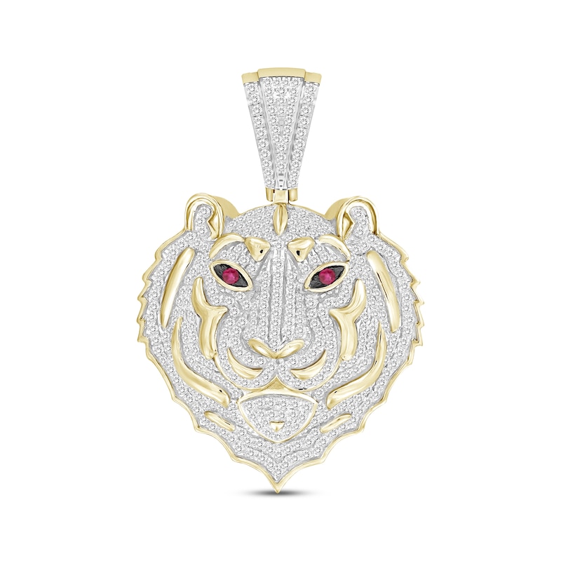 Main Image 1 of Previously Owned Men's Diamond & Lab-Created Ruby Tiger Charm 7/8 ct tw Round-cut 10K Yellow Gold
