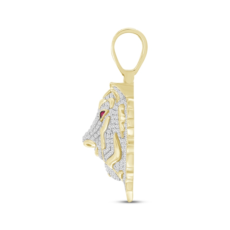 Main Image 3 of Previously Owned Men's Diamond & Lab-Created Ruby Tiger Charm 7/8 ct tw Round-cut 10K Yellow Gold