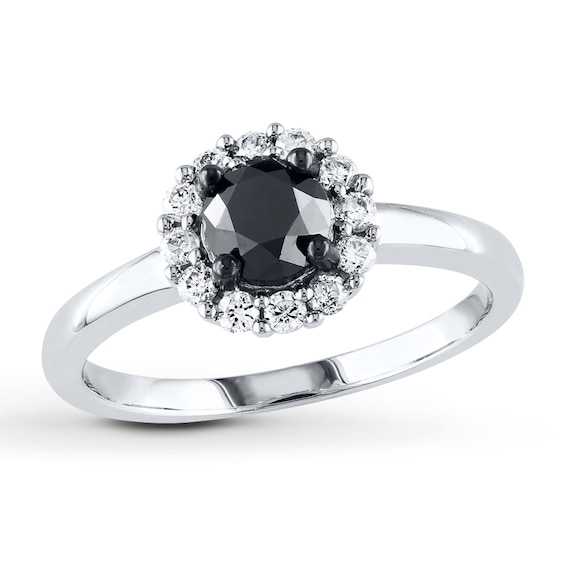 Previously Owned Round-Cut Black & White Diamond Halo Engagement Ring 1 ct tw 10K White Gold Size 9