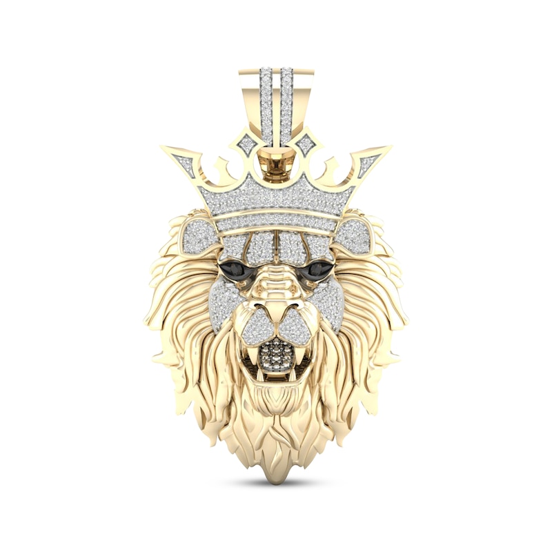 Main Image 1 of Previously Owned Men's Black & White Diamond Lion Crown Pendant 1/2 ct tw Round-cut 10K Yellow Gold