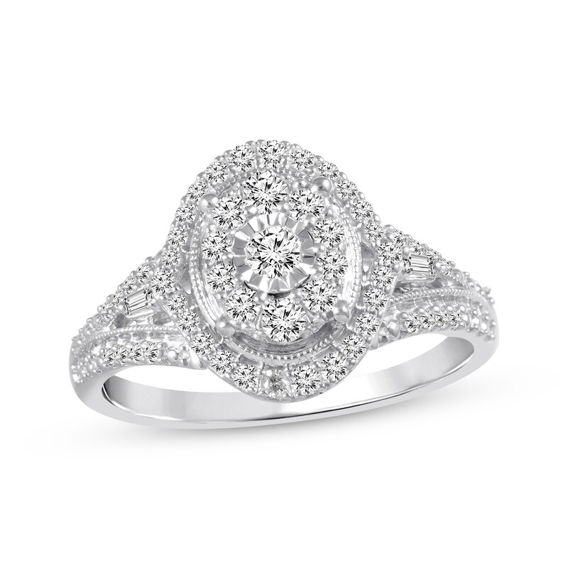 Main Image 1 of Previously Owned Diamond Engagement Ring 1/2 ct tw Round/Baguette 10K White Gold Size 7