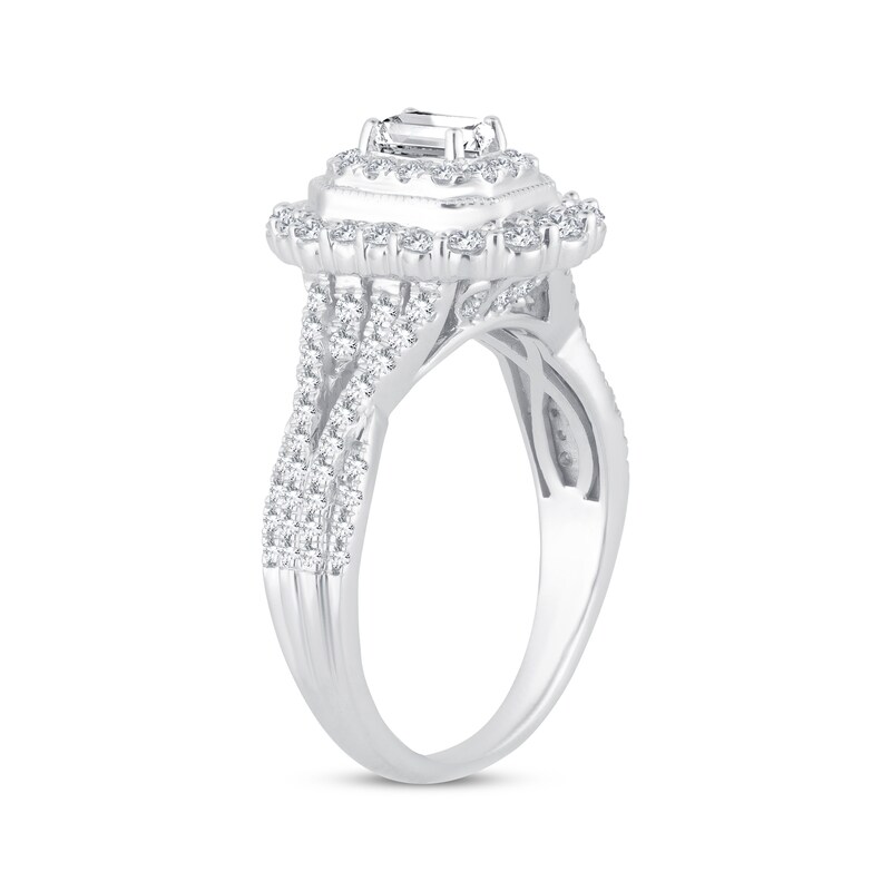 Main Image 2 of Previously Owned Diamond Engagement Ring 7/8 ct tw Emerald & Round 14K White Gold