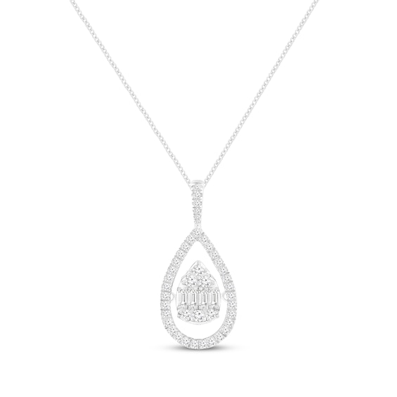Previously Owned Unstoppable Love Baguette & Round-Cut Multi-Diamond Teardrop Necklace 1/2 ct tw 10K White Gold 19"