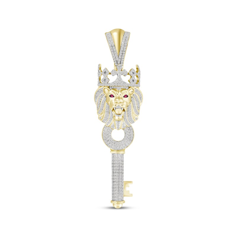 Main Image 1 of Previously Owned Men's Diamond & Lab-Created Ruby Lion with Crown Key Charm 7/8 ct tw 10K Yellow Gold