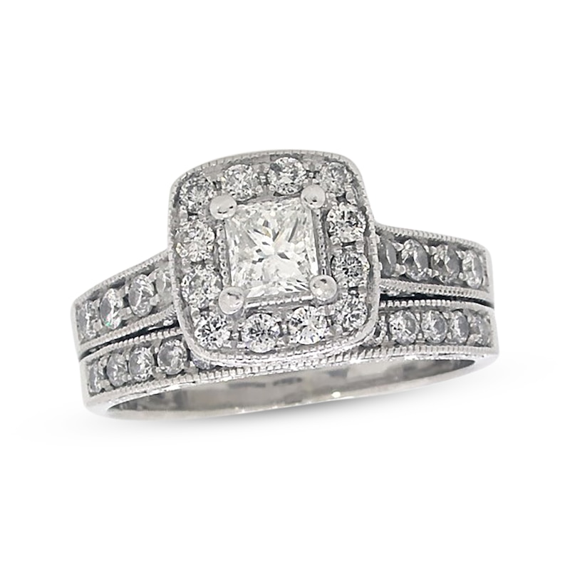 Main Image 1 of Previously Owned Princess & Round-Cut Diamond Bridal Set 1-1/5ct tw 14K White Gold Size 7.75