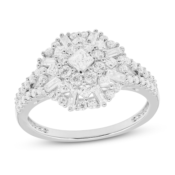 Previously Owned Sparks of Love Diamond Starburst Ring 1 ct tw Round, Princess & Baguette 10K White Gold