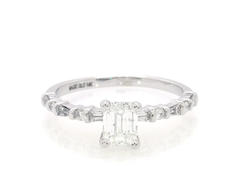 Main Image 1 of Previously Owned Diamond Engagement Ring 1 ct tw Emerald, Baguette & Round-cut 14K White Gold