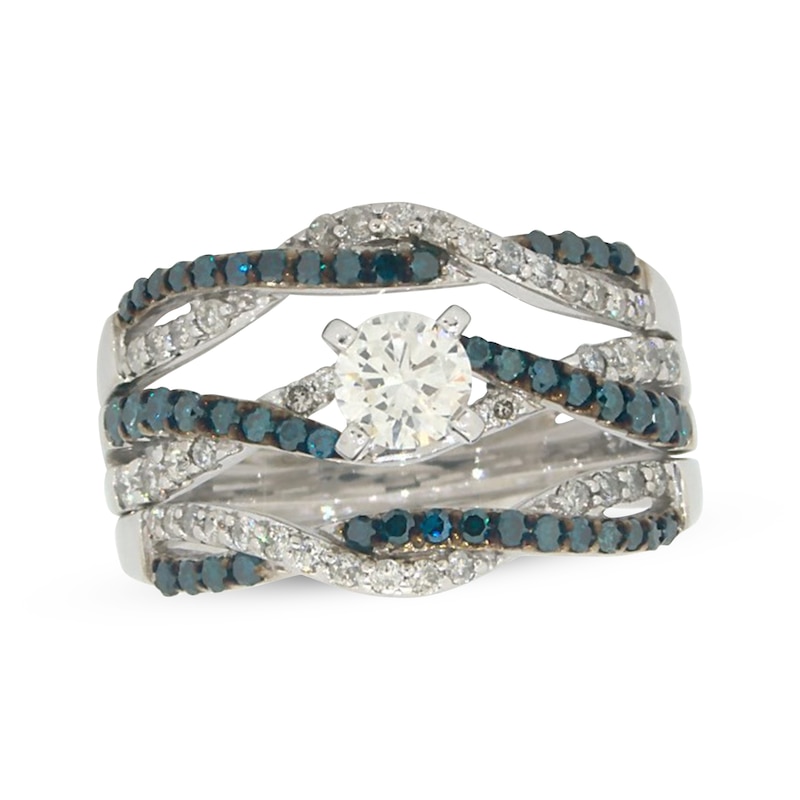 Main Image 1 of Previously Owned Round-Cut White & Blue Diamond Bridal Set 1-1/5 ct tw 14K White Gold Size 8.5