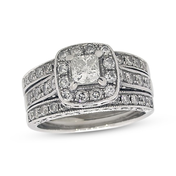 Previously Owned Diamond Bridal Set 1-1/2 ct tw Princess & Round-Cut 14K White Gold Size 6.5