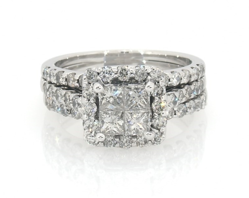 Main Image 1 of Previously Owned Princess-Cut Diamond Quad Bridal Set 1-7/8 ct tw 14K White Gold Size 6.75