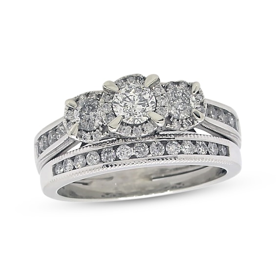 Previously Owned Three-Stone Diamond Bridal Set 1-1/8 ct tw Round-Cut 10K White Gold Size 7