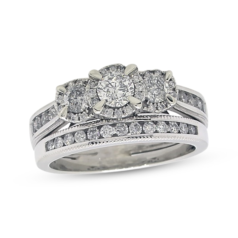 Main Image 1 of Previously Owned Three-Stone Diamond Bridal Set 1-1/8 ct tw Round-Cut 10K White Gold Size 7