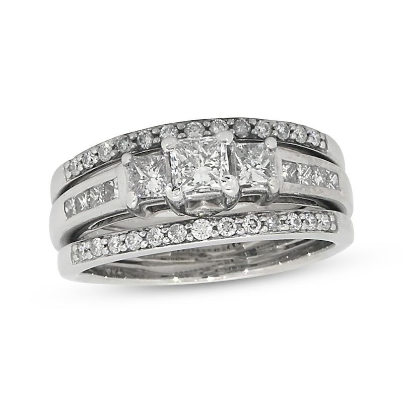 Previously Owned Princess-Cut Three-Stone Diamond Bridal Set 1-1/3 ct tw 14K White Gold Size 7.5