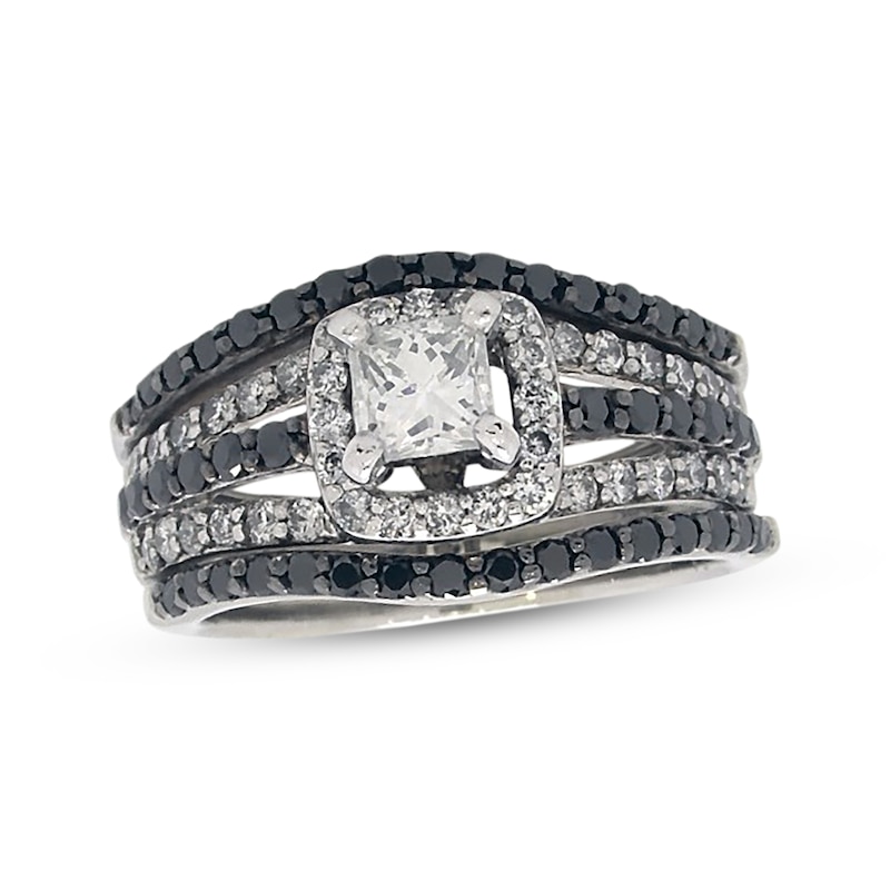 Main Image 1 of Previously Owned Black & White Diamond Bridal Set 1-1/4 ct tw Princess & Round-Cut 14K White Gold Size 5.75