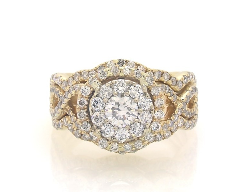 Main Image 1 of Previously Owned Round-Cut Diamond Halo Bridal Set 1-1/4 ct tw 14K Two-Tone Gold Size 6.5