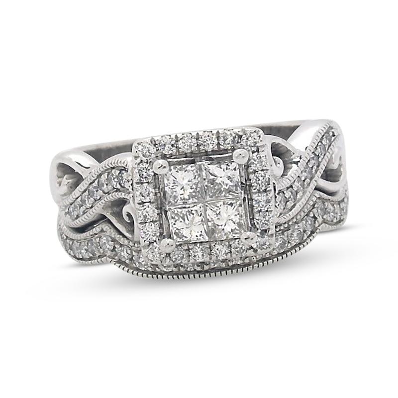 Main Image 1 of Previously Owned Princess-Cut Quad Diamond Bridal Set 3/4 ct tw 14K White Gold Size 5