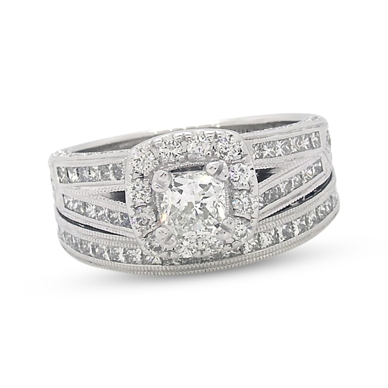 Main Image 1 of Previously Owned Neil Lane Cushion-Cut Diamond Halo Bridal Set 1-3/4 ct tw 14K White Gold Size 6