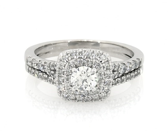 Previously Owned Round-Cut Diamond Halo Bridal Set 1 ct tw 14K White Gold 8