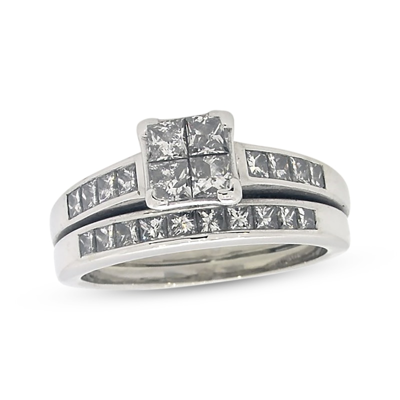 Main Image 1 of Previously Owned Princess-Cut Quad Diamond Bridal Set 1-1/4 ct tw 14K White Gold Size 6.25