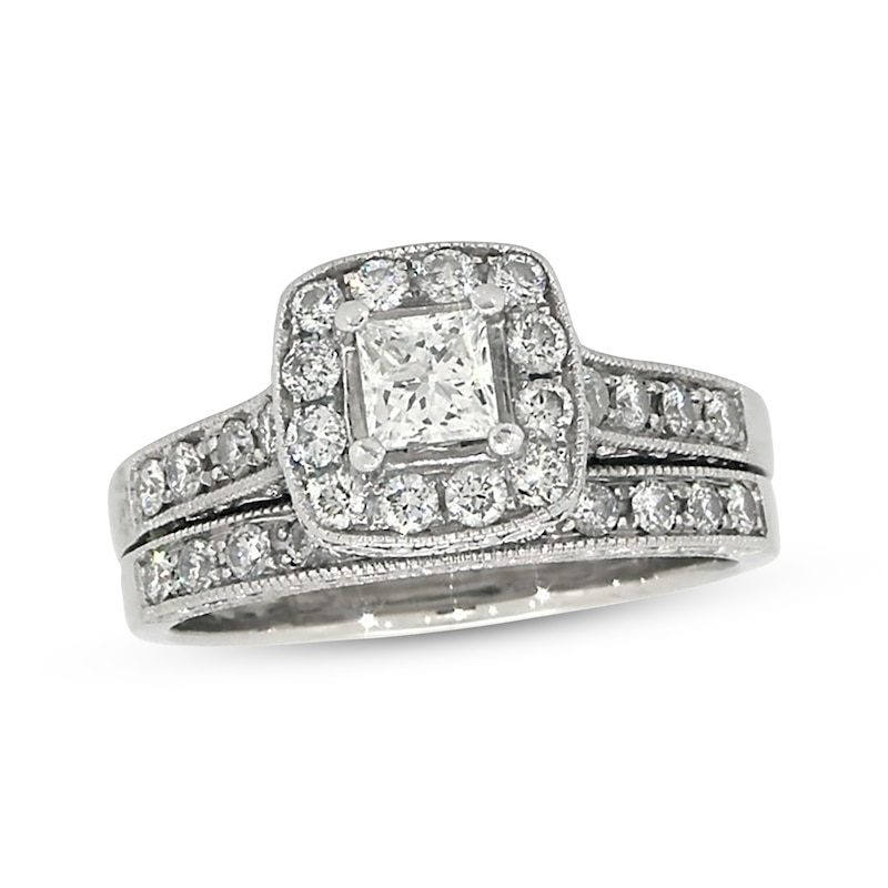 Main Image 1 of Previously Owned Princess-Cut Diamond Bridal Set 1-1/5 ct tw 14K White Gold Size 8.5