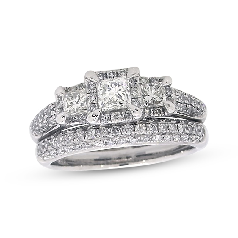 Main Image 1 of Previously Owned Princess-Cut Diamond Three-Stone Bridal Set 1-1/3 ct tw 14K White Gold Size 6.75