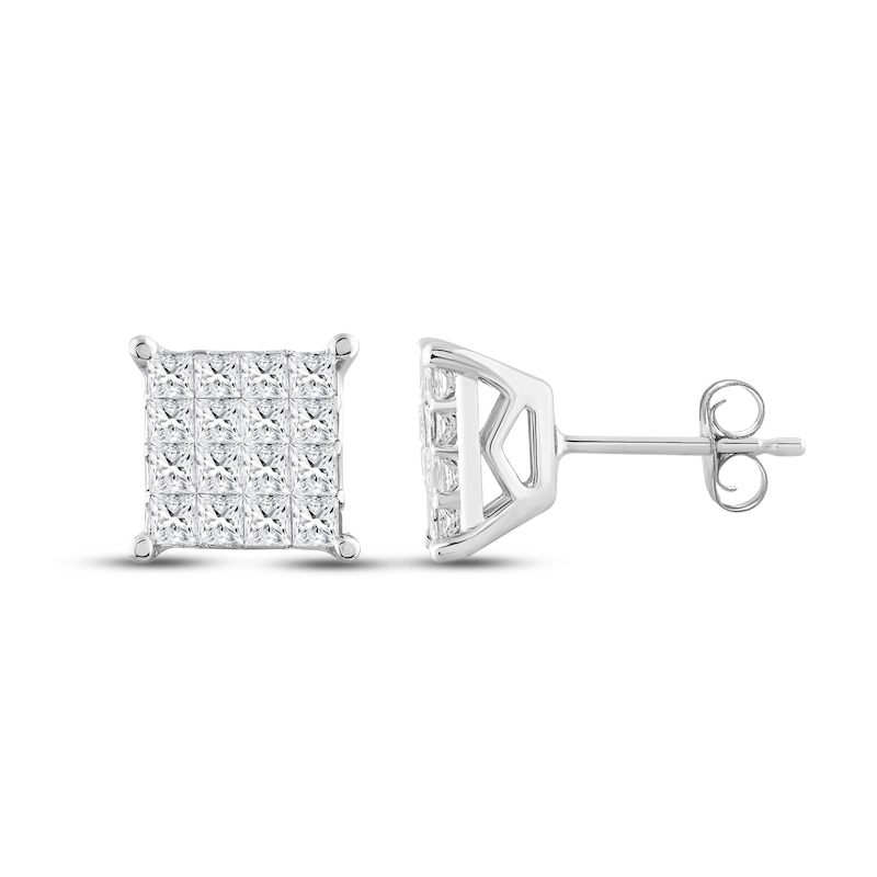 Main Image 1 of Previously Owned Multi-Diamond Square Stud Earrings 1 ct tw Princess-cut 10K White Gold