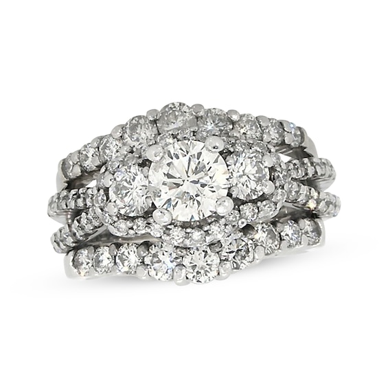 Previously Owned Round-Cut Diamond Three-Stone Soldered Bridal Set 2-3/4 ct tw 14K White Gold Size 5