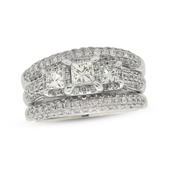 Previously Owned Princess-Cut Diamond Three-Stone Soldered Bridal Set 1-7/8 ct tw 14K White Gold 7.25