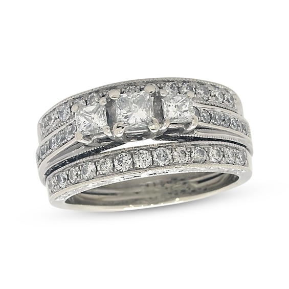 Previously Owned Princess-Cut Three-Stone Soldered Bridal Set 1-1/4 ct tw 14K White Gold Size 6.5