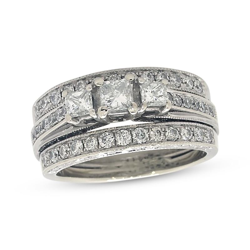 Main Image 1 of Previously Owned Princess-Cut Three-Stone Soldered Bridal Set 1-1/4 ct tw 14K White Gold Size 6.5