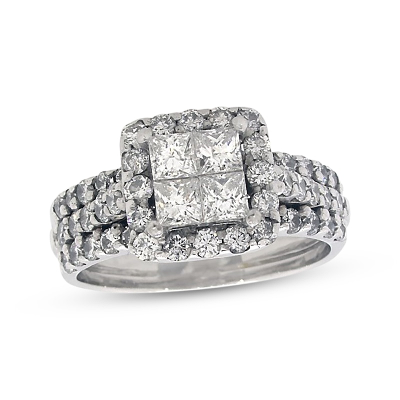 Main Image 1 of Previously Owned Princess-Cut Quad Diamond Soldered Bridal Set 2 ct tw 14K White Gold Size 7.75