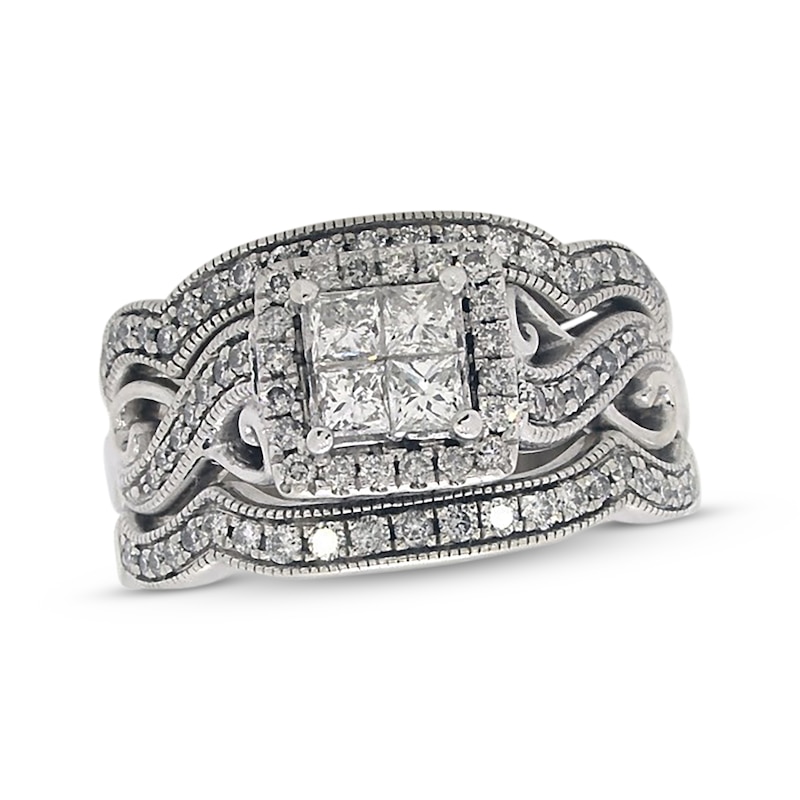 Main Image 1 of Previously Owned Princess-Cut Quad Diamond Twist Shank Soldered Bridal Set 7/8 ct tw 14K White Gold Size 6.5