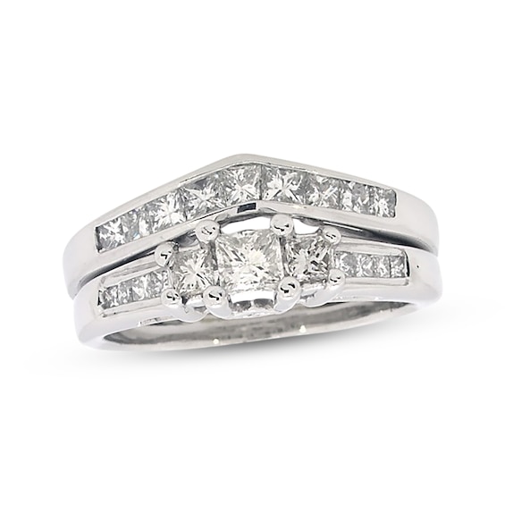 Previously Owned Princess-Cut Diamond Three-Stone Bridal Set 7/8 ct tw 14K White Gold Size