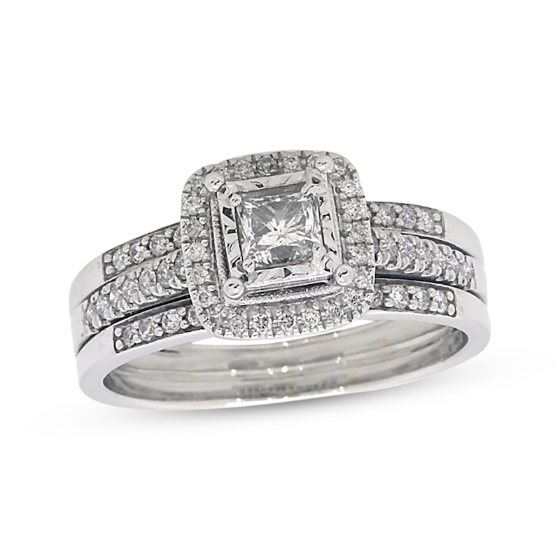 Main Image 1 of Previously Owned Princess-Cut Diamond Bridal Set 1 ct tw 14K White Gold Size 10.75